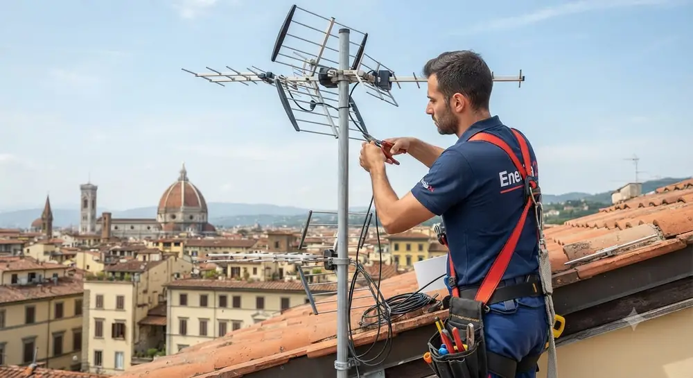Antennista installa un'antenna TV sul tetto