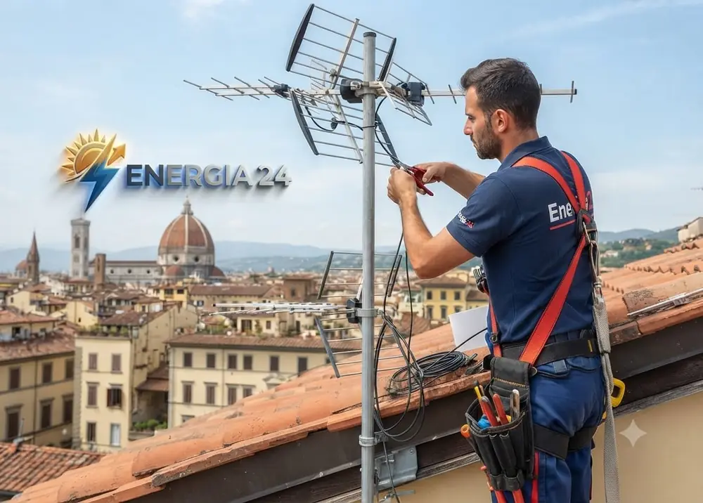 Installazione di un'antenna TV sul tetto con imbracatura di sicurezza