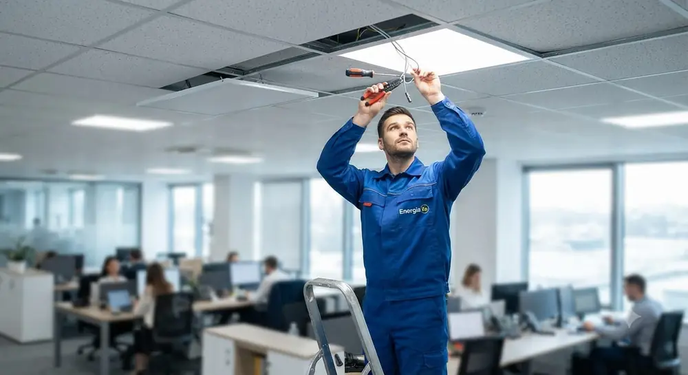 Elettricista al lavoro sull'impianto elettrico di un ufficio