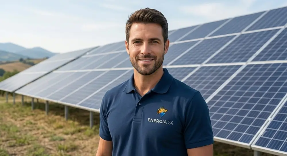Installatore davanti a un impianto con pannelli fotovoltaici