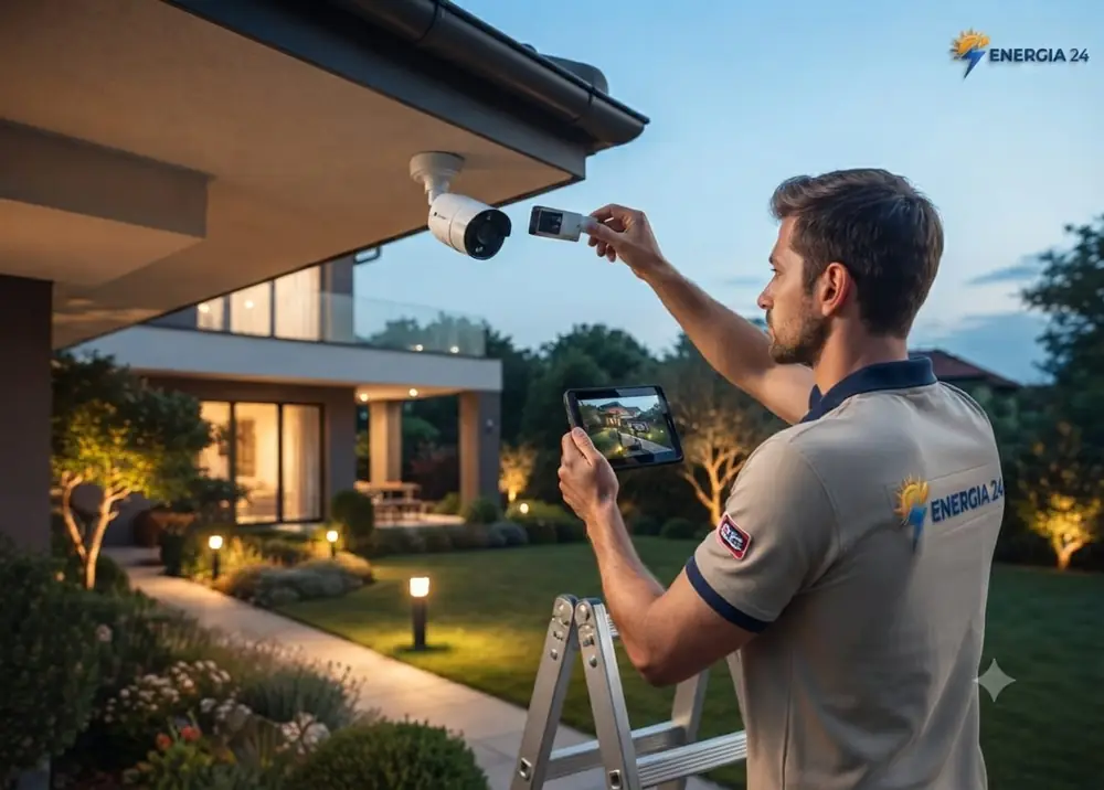 Tecnico regola una telecamera di sicurezza per esterni