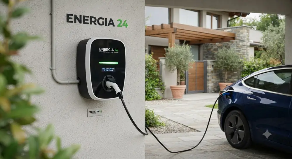 Wallbox Energia 24 installata a muro con auto elettrica in ricarica